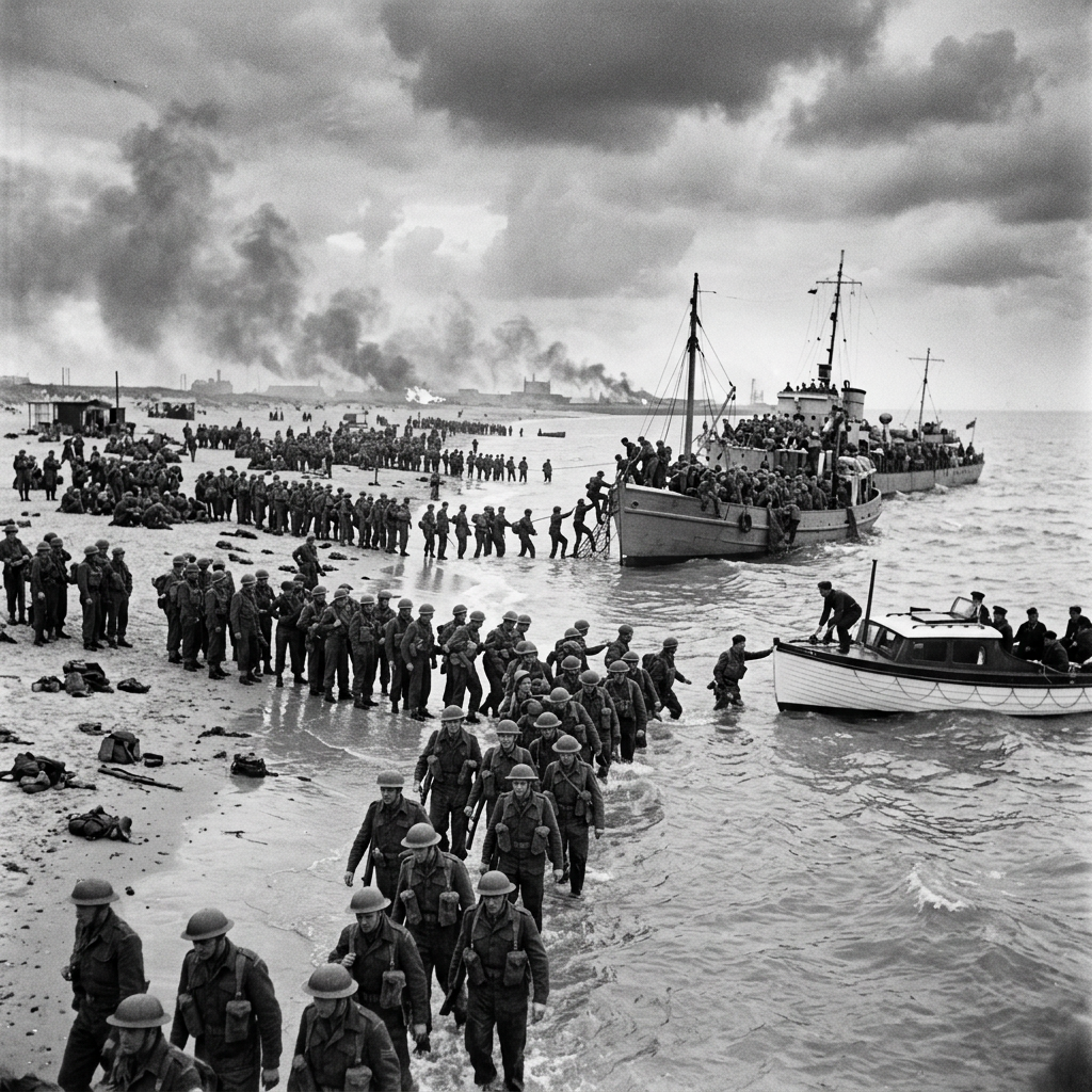 British soldiers wading through water to board boats during the evacuation of Dunkirk