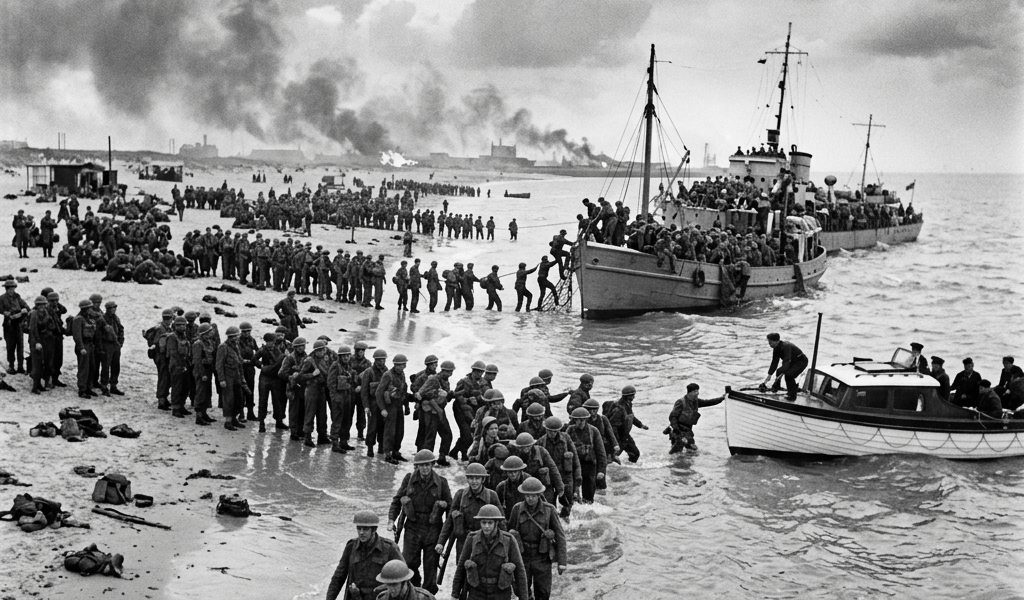 British soldiers wading through water to board boats during the evacuation of Dunkirk