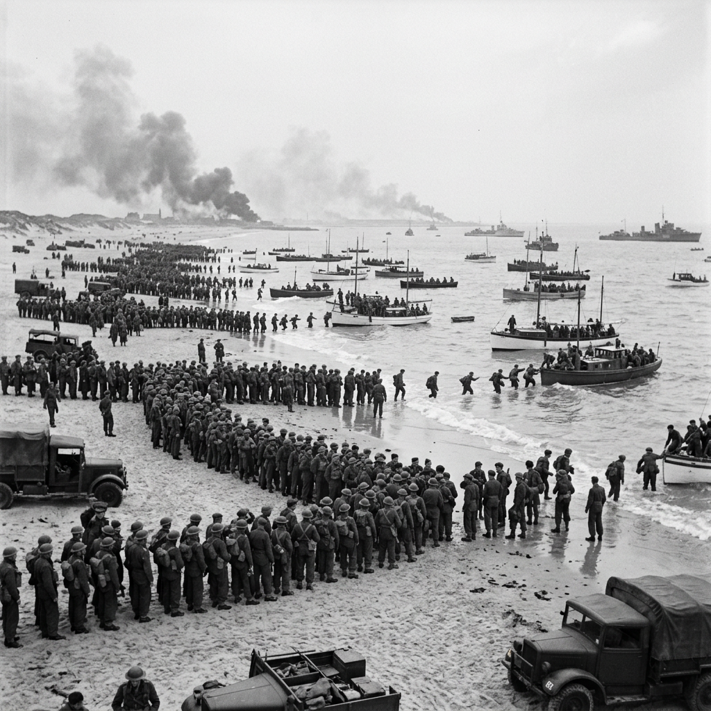 Soldiers lined up on a beach waiting to board small boats during World War II evacuation