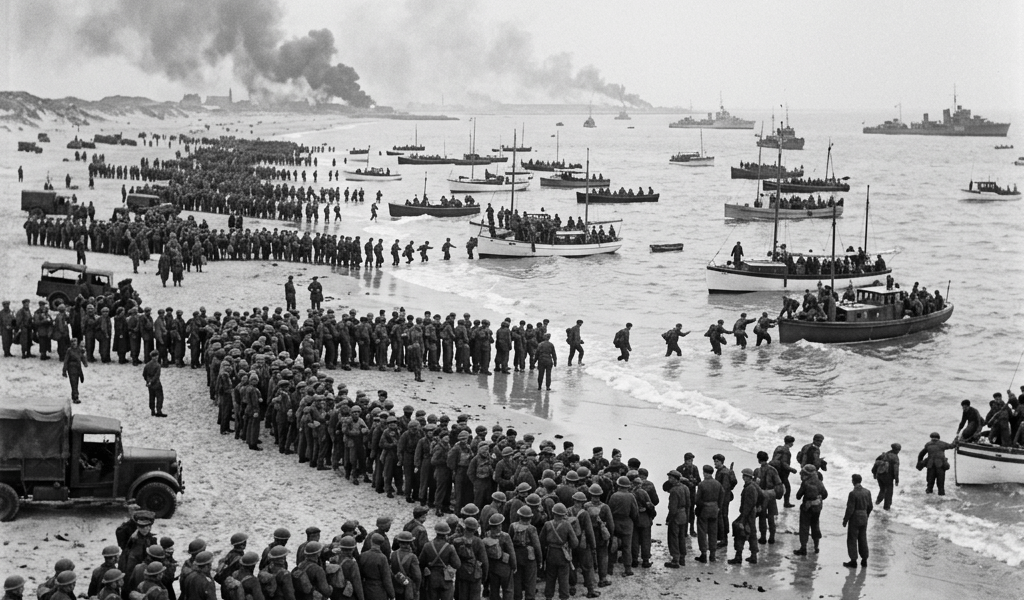 Soldiers lined up on a beach waiting to board small boats during World War II evacuation