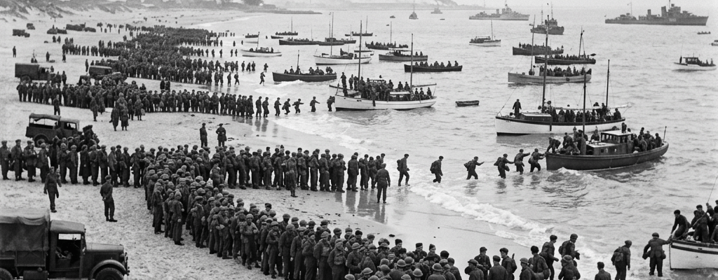 Soldiers lined up on a beach waiting to board small boats during World War II evacuation