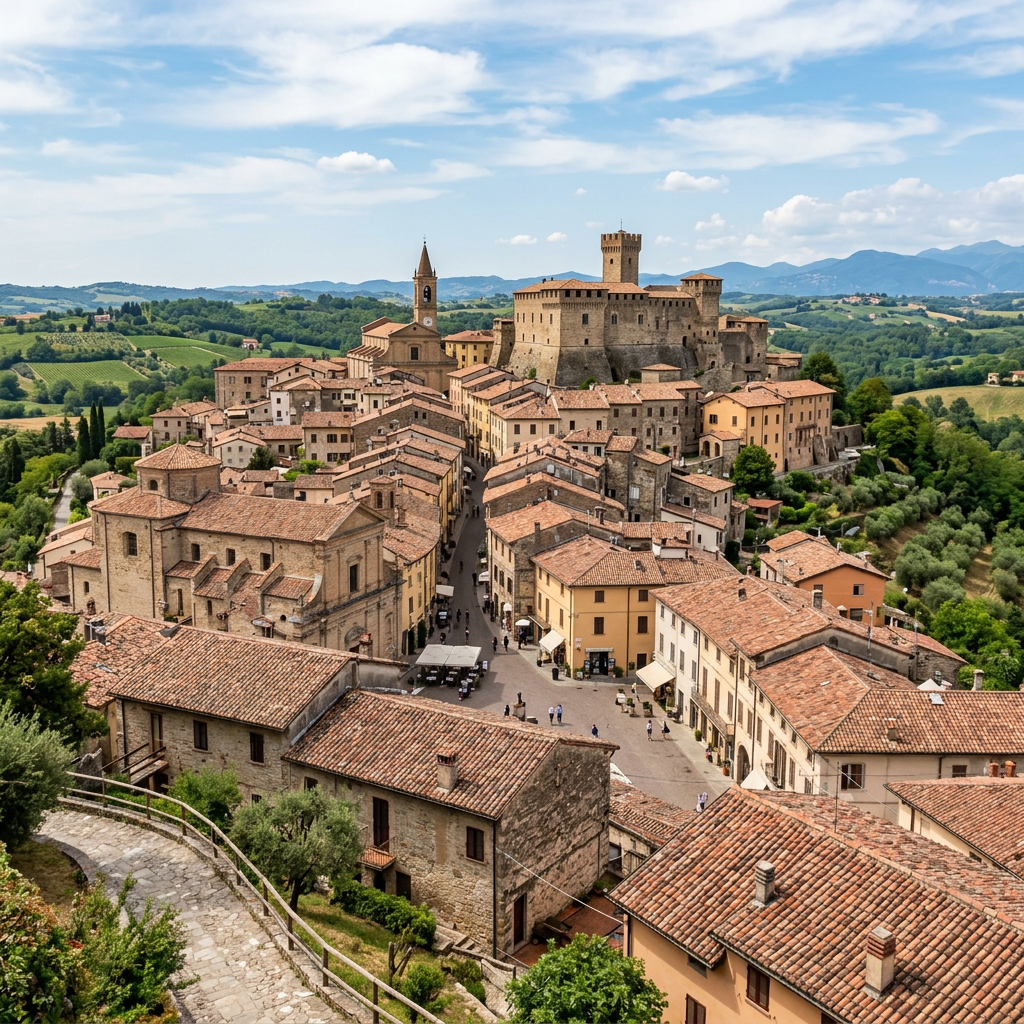 Hilltop village with stone buildings and a medieval castle surrounded by green hills