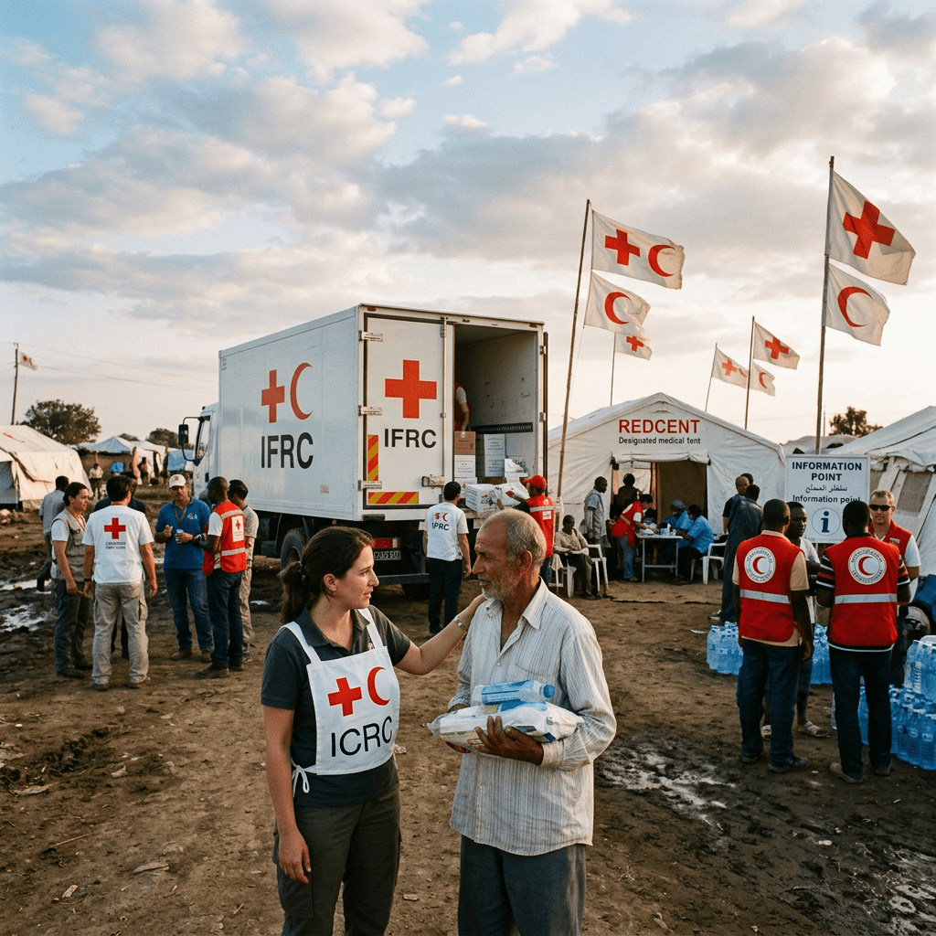 Red Cross and Red Crescent aid workers assisting people and unloading supplies at a humanitarian relief site