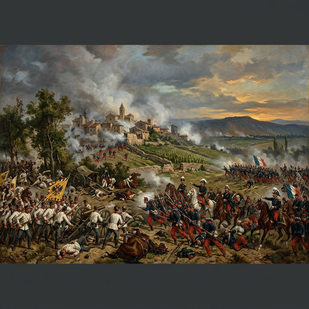 19th-century soldiers in blue and white uniforms engaging in battle near a hillside village with cannons and cavalry