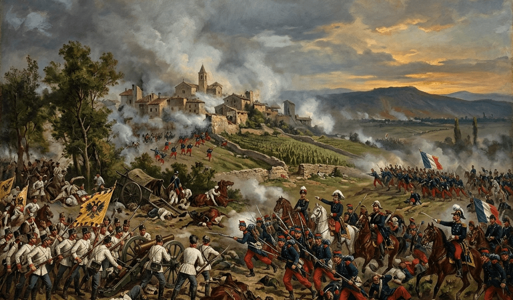 19th-century soldiers in blue and white uniforms engaging in battle near a hillside village with cannons and cavalry