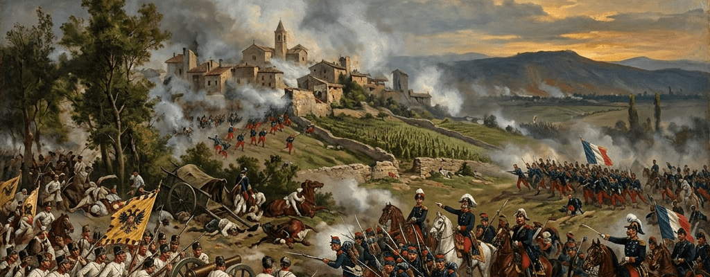 19th-century soldiers in blue and white uniforms engaging in battle near a hillside village with cannons and cavalry