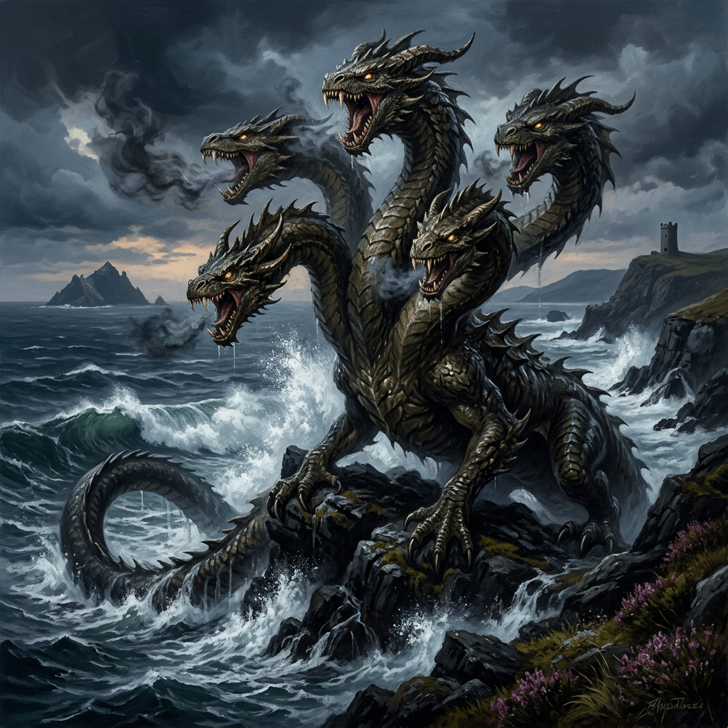 Five-headed hydra dragon rising from stormy ocean waves on rocky cliffs