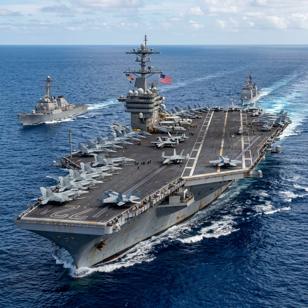 US Navy aircraft carrier with fighter jets on deck sailing with two escort destroyers in ocean