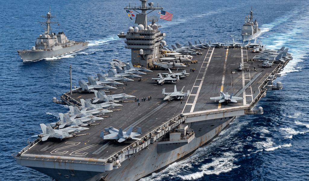 US Navy aircraft carrier with fighter jets on deck sailing with two escort destroyers in ocean