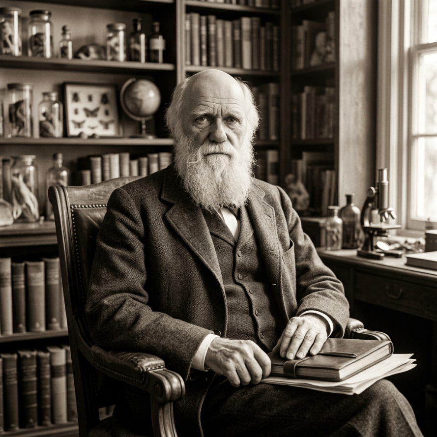 Bearded Victorian scholar seated in a study with books and specimens