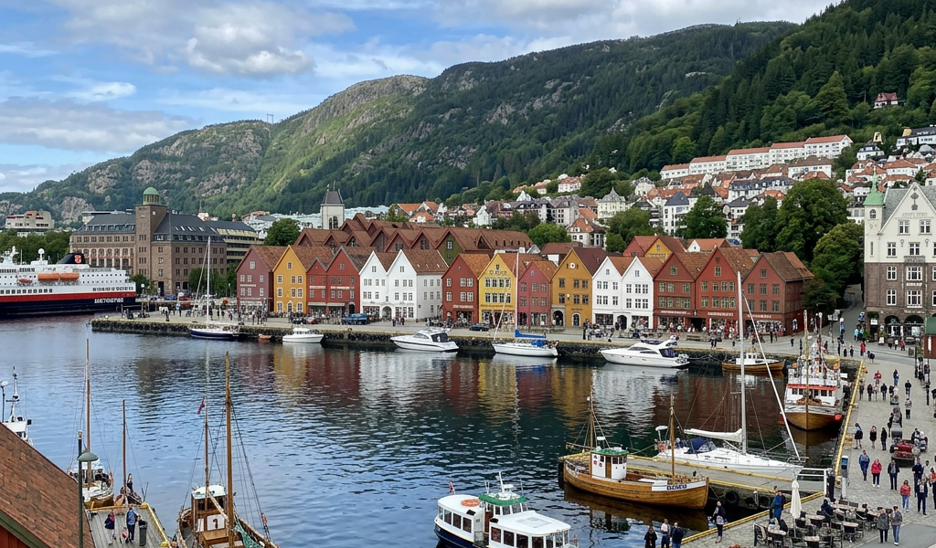 Bergen harbor with colorful wooden buildings, boats, and forested mountains