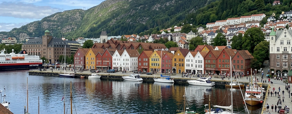 Bergen harbor with colorful wooden buildings, boats, and forested mountains