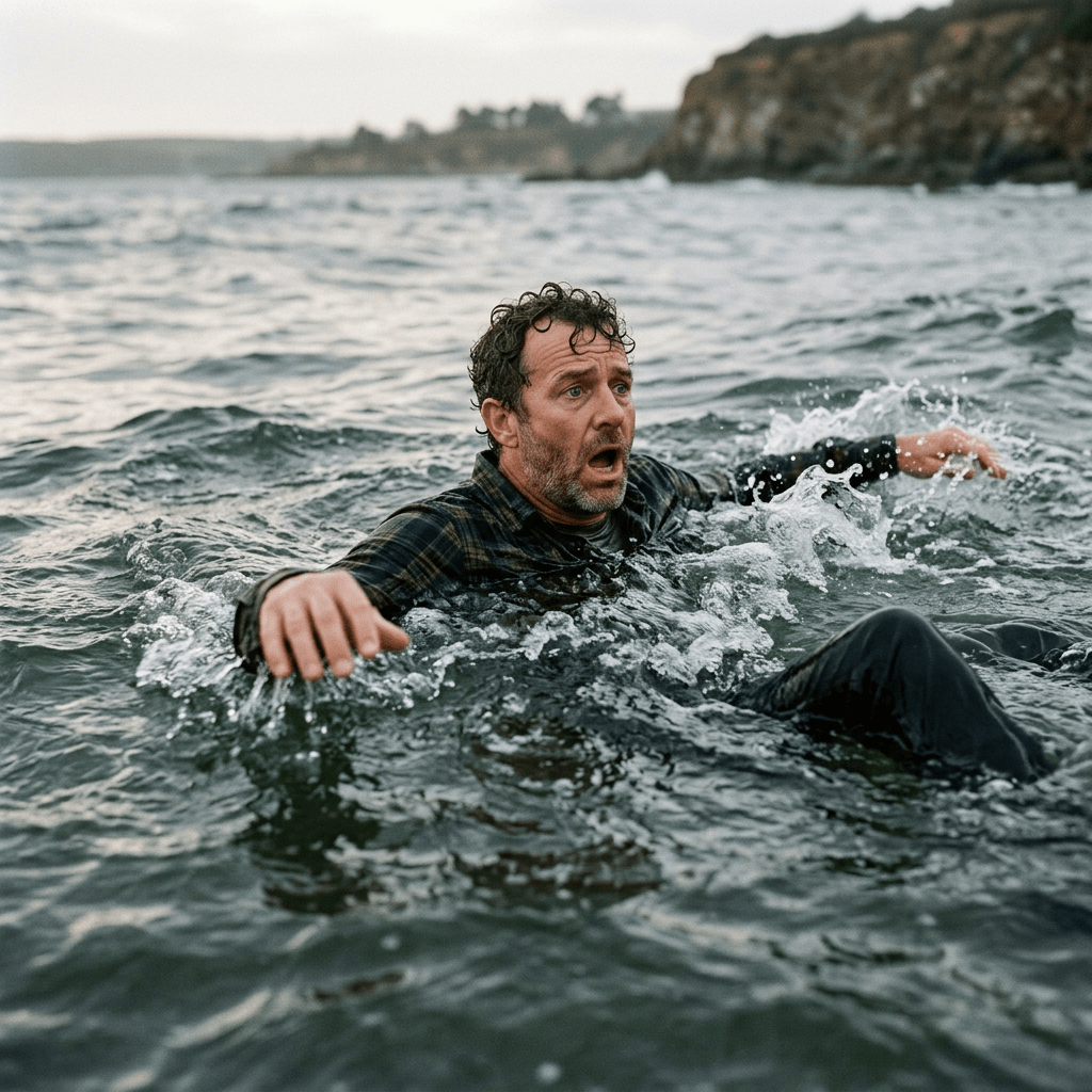 Man struggling in choppy ocean water near a rocky coastline