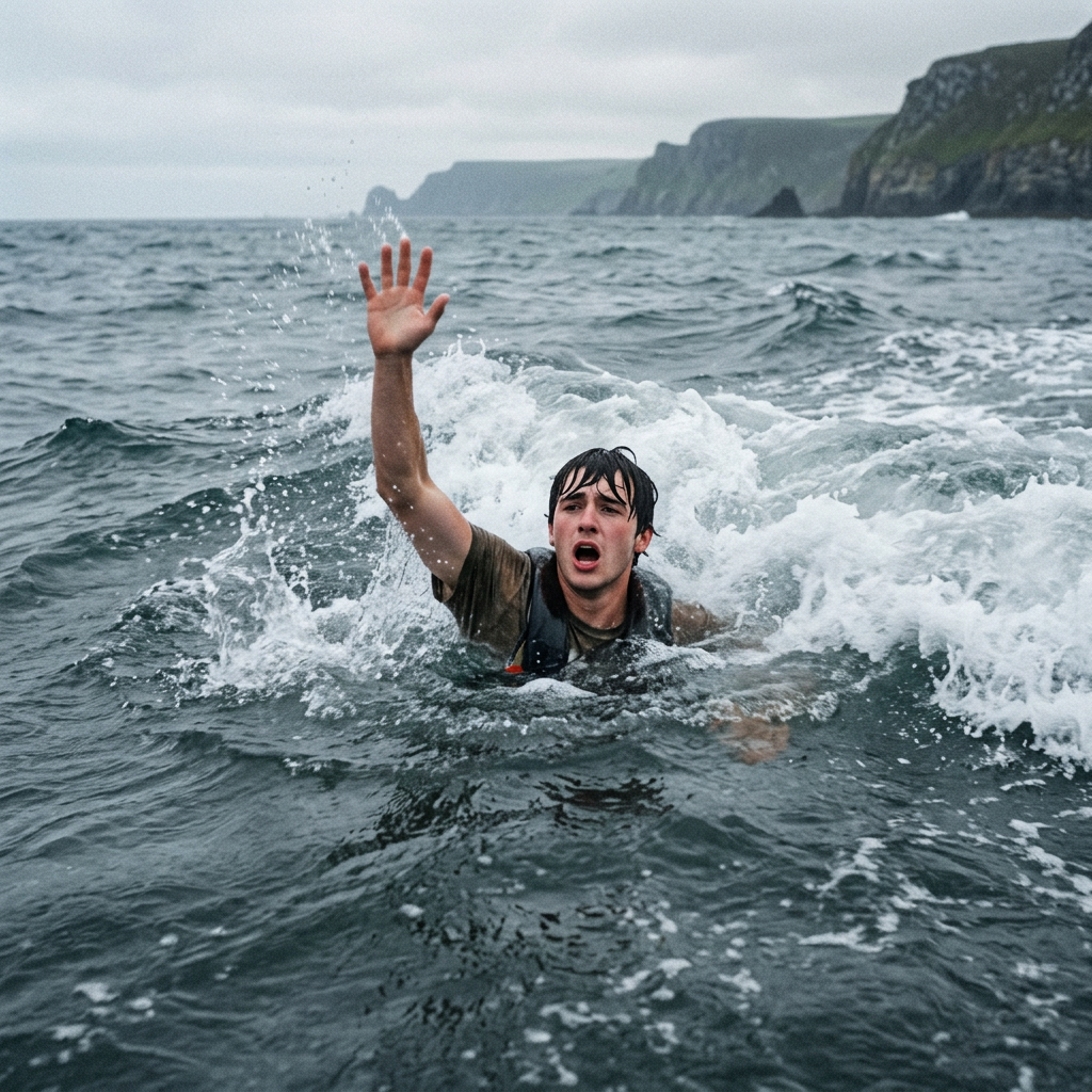 Swimmer raising one arm for help amid rough ocean waves