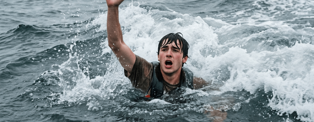 Swimmer raising one arm for help amid rough ocean waves