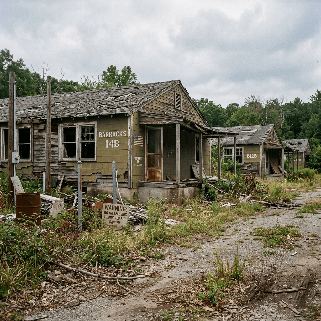 Abandoned barracks marked 143B and B12B with a no trespassing sign