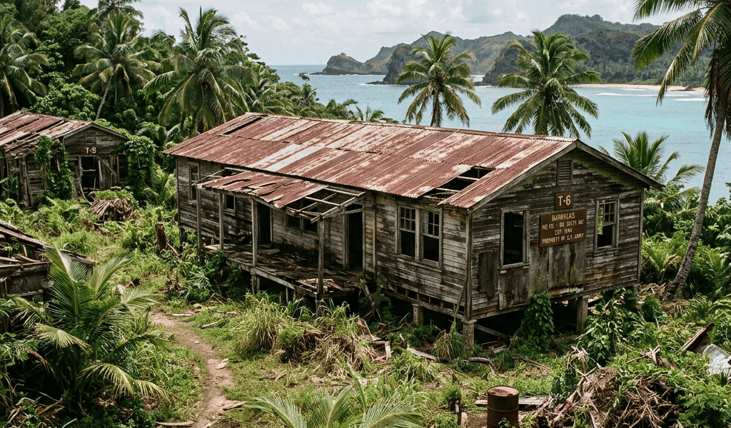 Weathered wooden buildings labeled T-5 and T-6 overlook a tropical bay