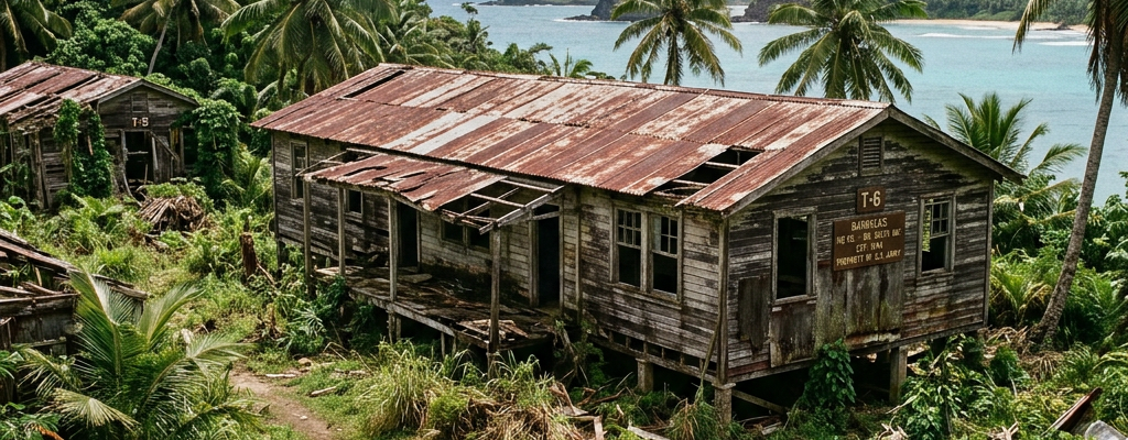 Weathered wooden buildings labeled T-5 and T-6 overlook a tropical bay