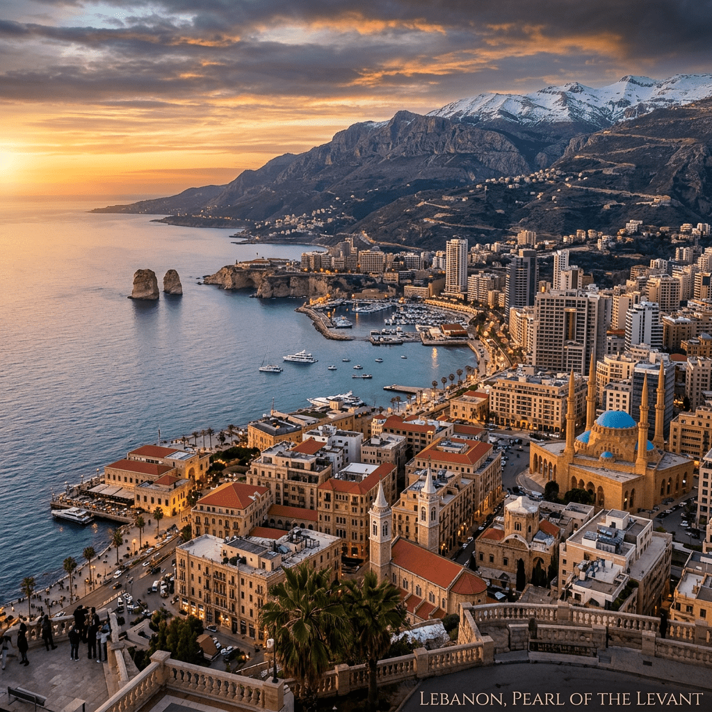 Sunset view of Beirut coastline, harbor, city, mountains, and mosque