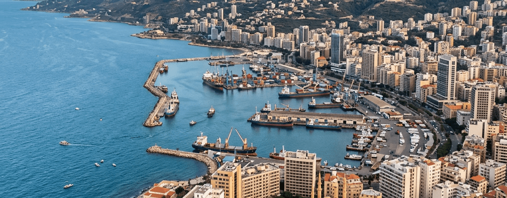 Aerial view of Monaco harbor, city buildings, coastline, and mountains