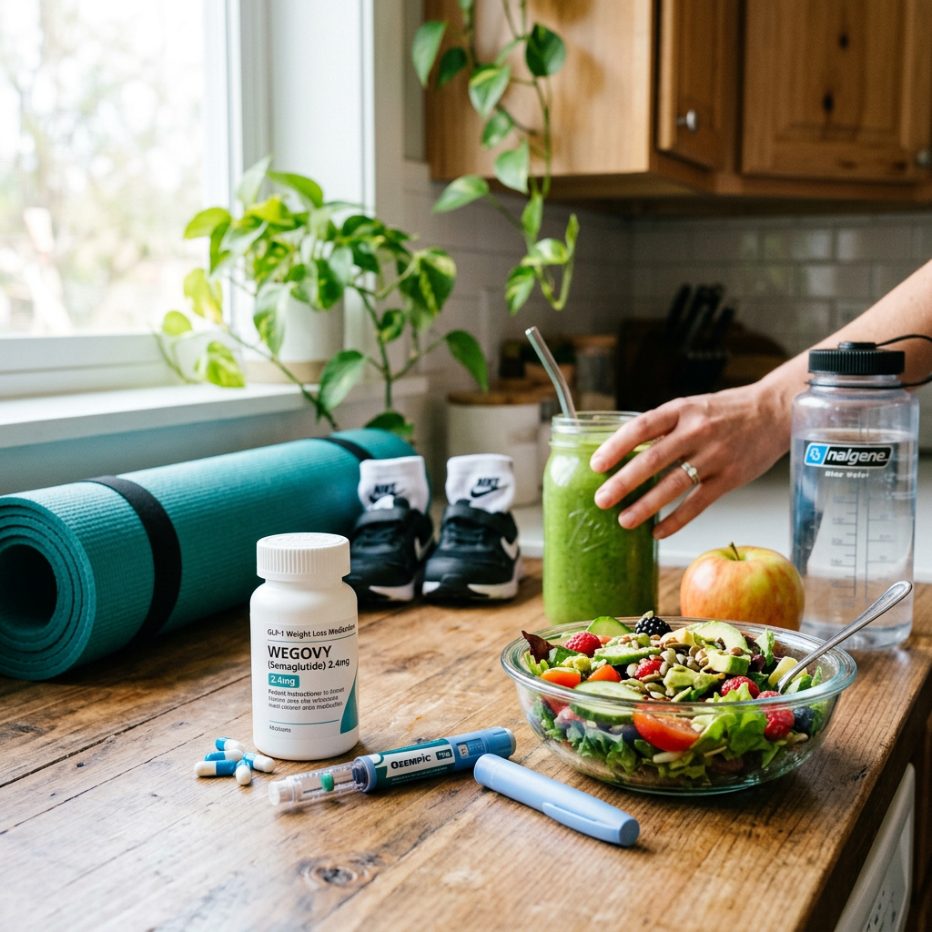 Wegovy medication beside salad, smoothie, exercise mat, shoes, and water bottle