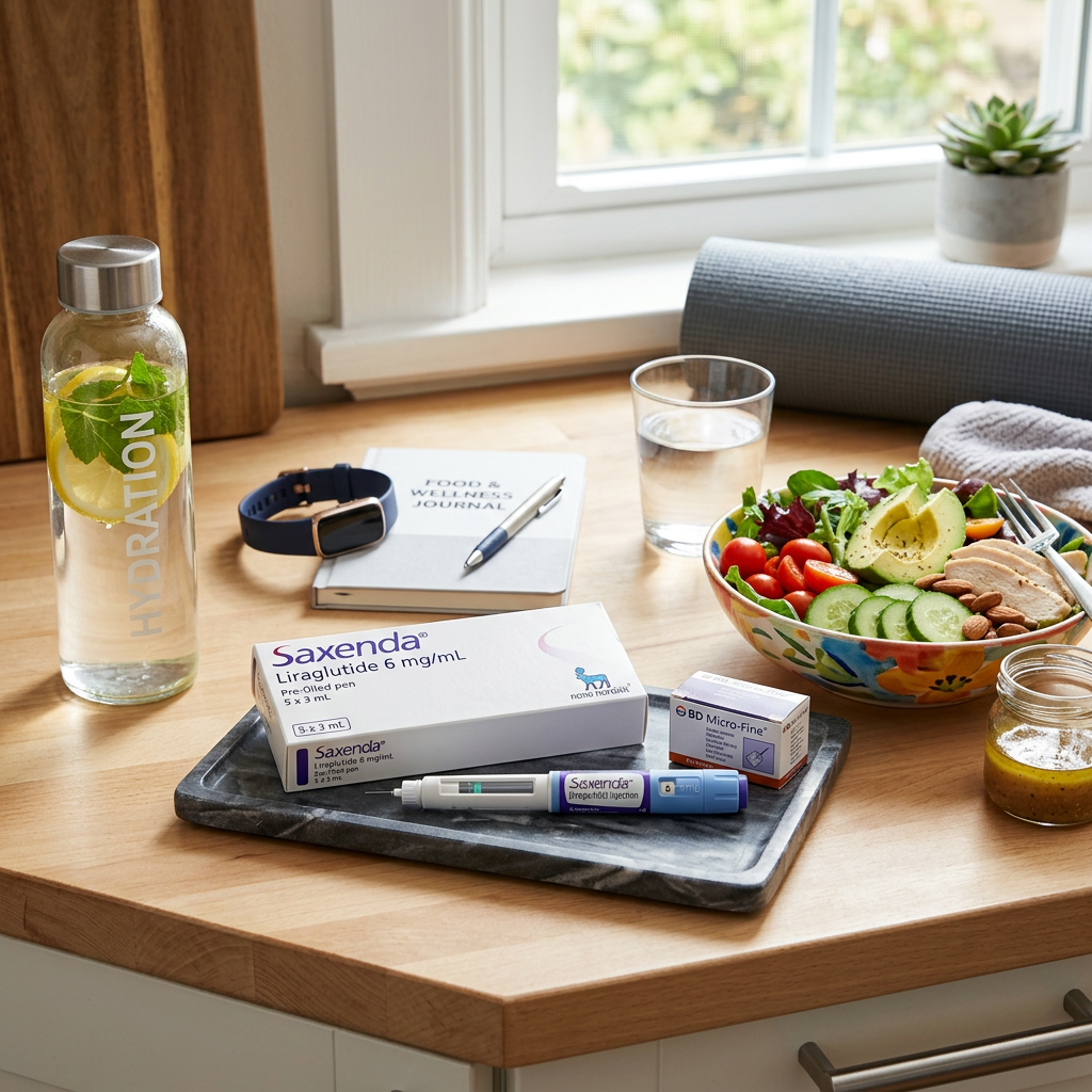 Saxenda medication, injection pens, hydration bottle, fitness tracker, journal, and salad