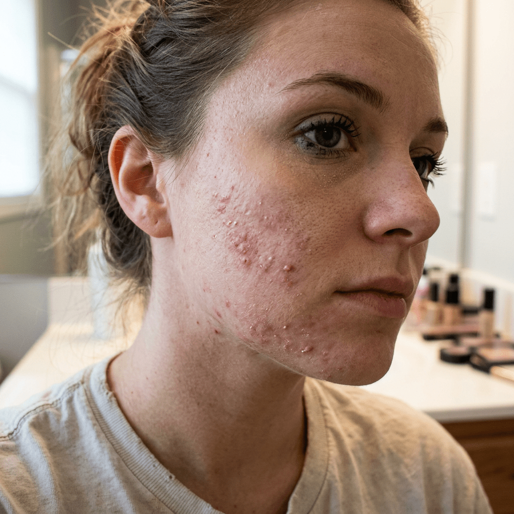 Close-up of a woman with visible acne on her cheek