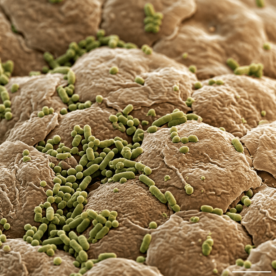 Green bacteria clustered across a textured surface under magnification