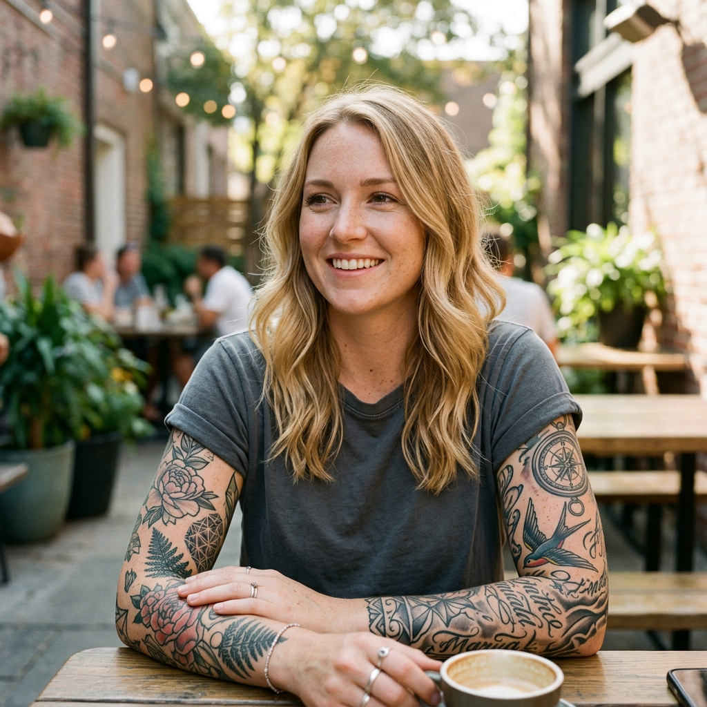 Smiling tattooed woman seated at an outdoor café with coffee