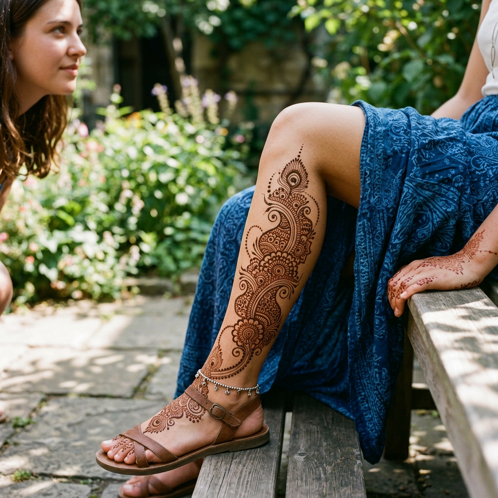 Woman displaying intricate henna designs on her leg and hand