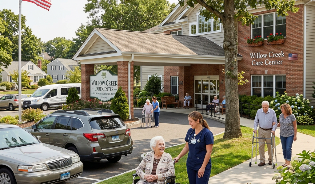 Willow Creek Care Center with residents, caregivers, wheelchair, walkers, and American flag