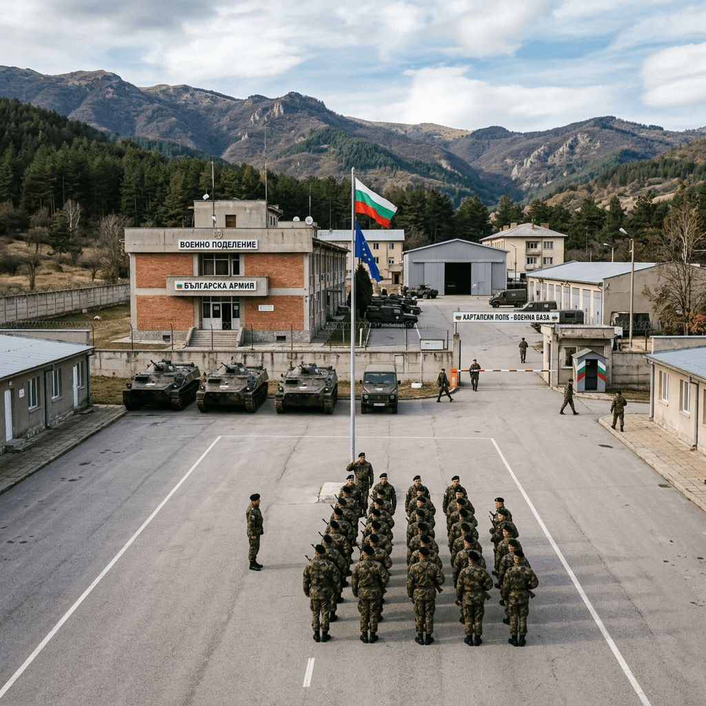 Bulgarian soldiers assemble at a military base beneath Bulgarian and European Union flags