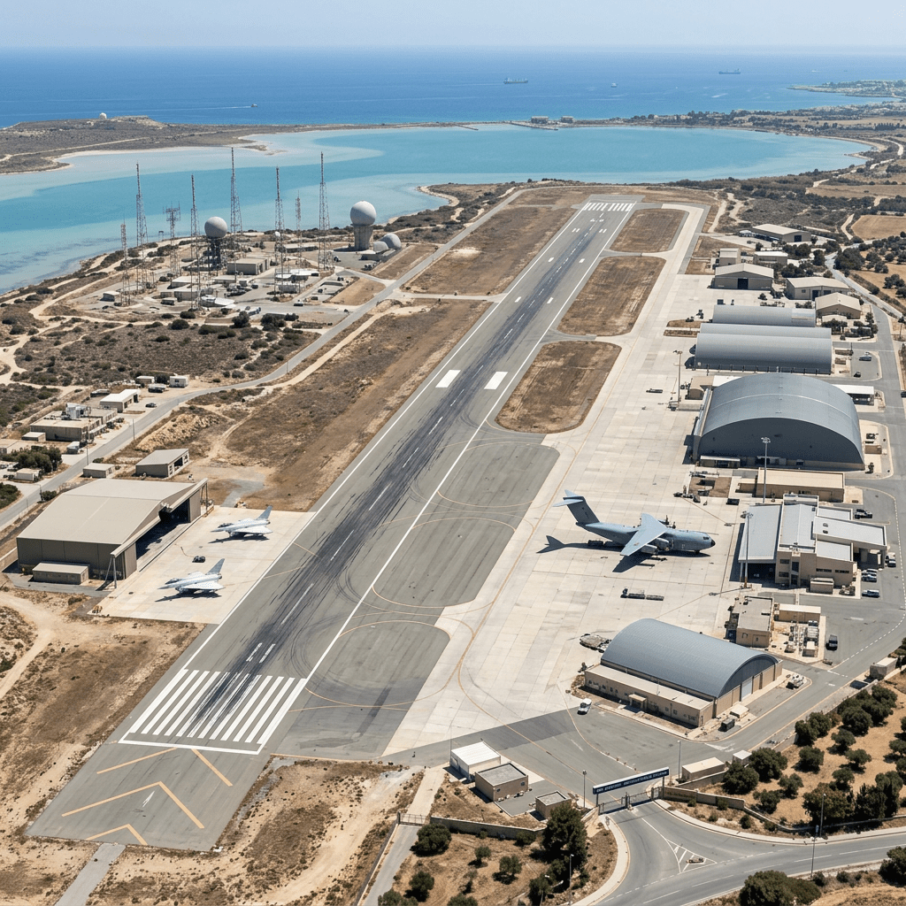 Coastal airbase with runway, military aircraft, hangars, radar towers, and lagoons