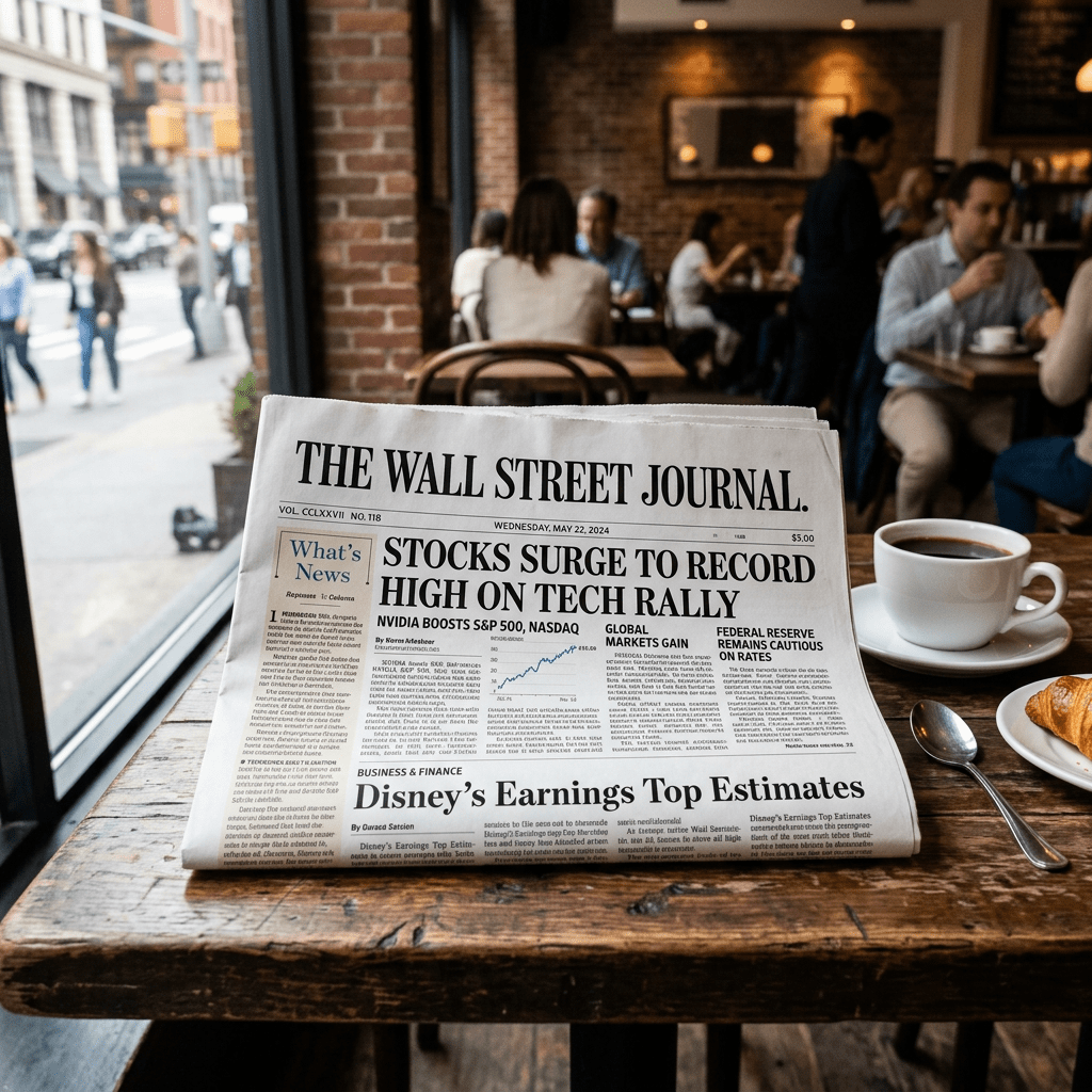 Wall Street Journal newspaper beside coffee and croissant in a café