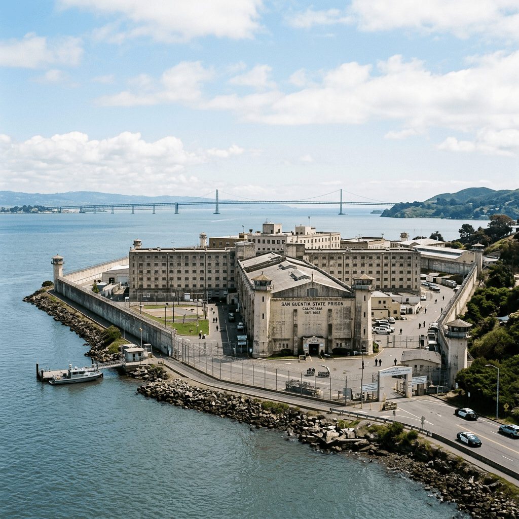 Aerial view of San Quentin State Prison beside San Francisco Bay