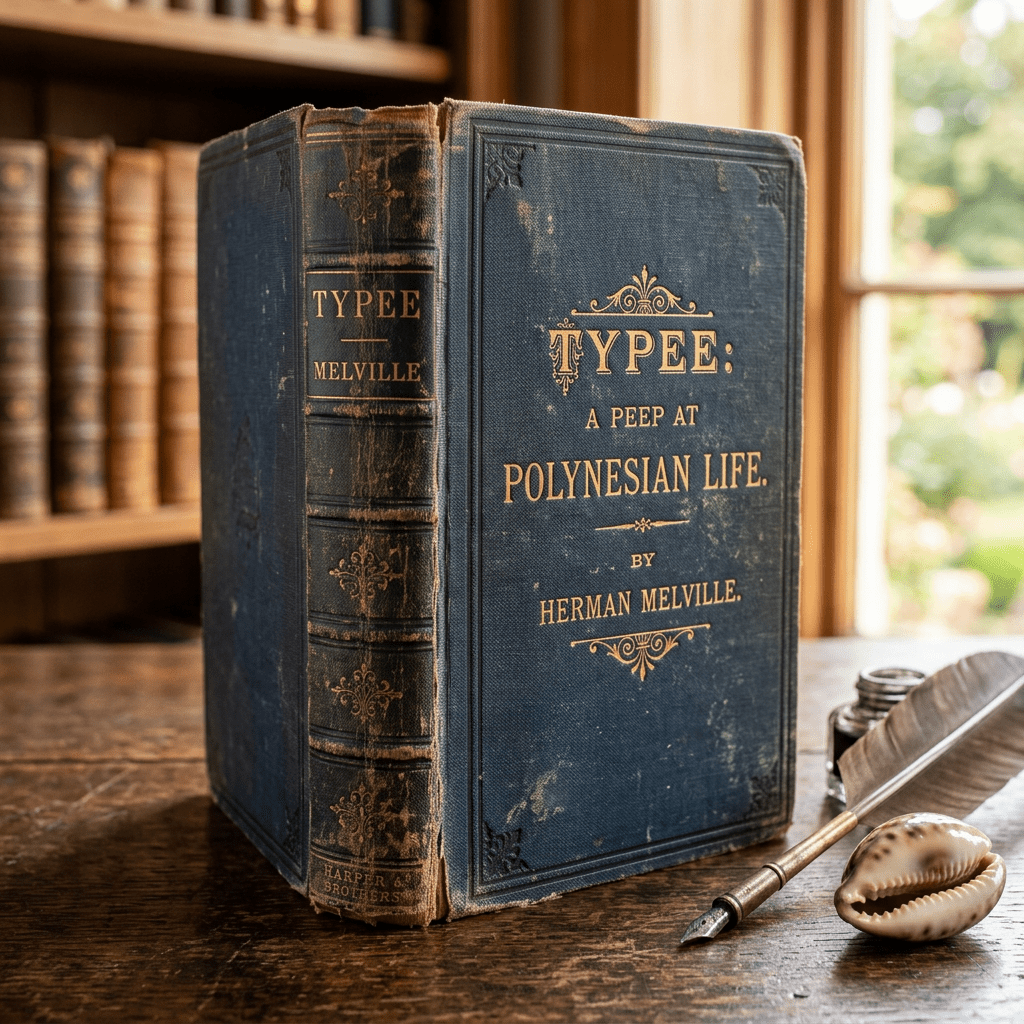 Weathered Typee by Herman Melville beside a quill and seashell