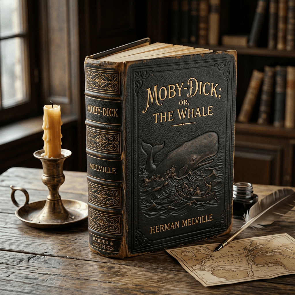 Vintage Moby-Dick book beside a candle, quill, and maritime map