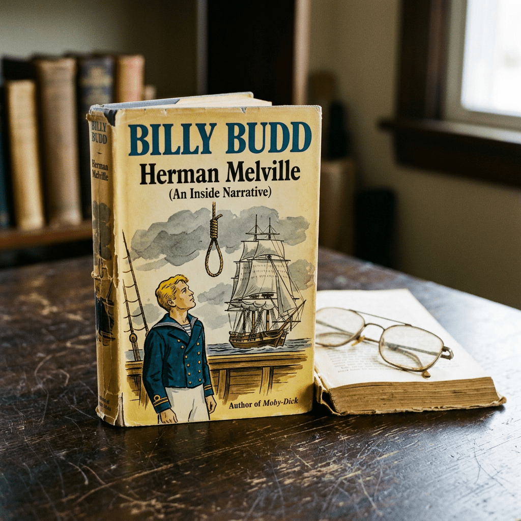 Vintage Billy Budd book by Herman Melville beside open book and eyeglasses