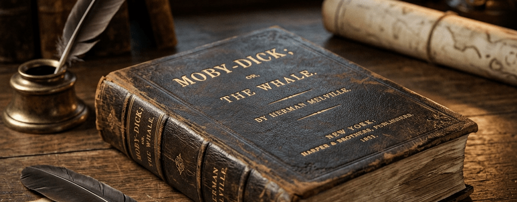 Weathered Moby-Dick book with quills, map, compass, lantern, and ship at sea