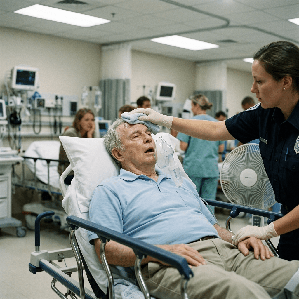 Healthcare worker placing a cool cloth on a patient’s forehead in a hospital