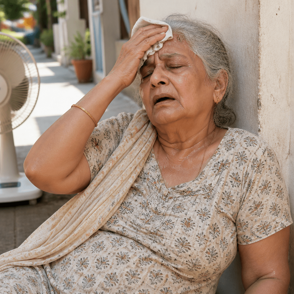 Older woman wiping sweat from her forehead while resting outdoors