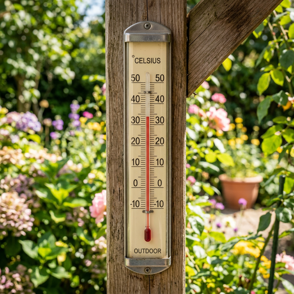 Outdoor Celsius thermometer reading about 27°C, labeled “CELSIUS” and “OUTDOOR.”