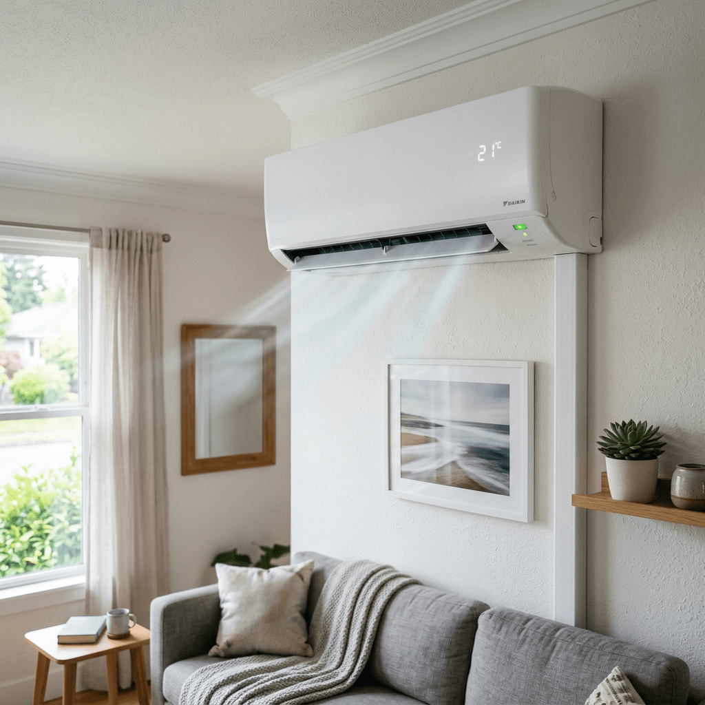 Daikin air conditioner displaying 21°C above a living room sofa
