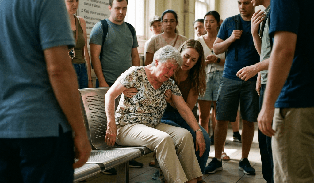 Bystanders support an overheated woman seated beneath a heat emergency sign