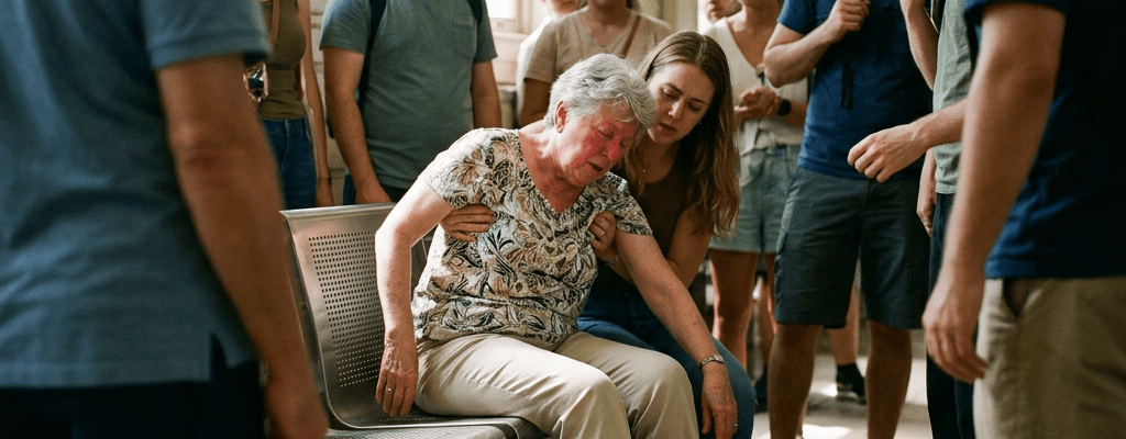 Bystanders support an overheated woman seated beneath a heat emergency sign