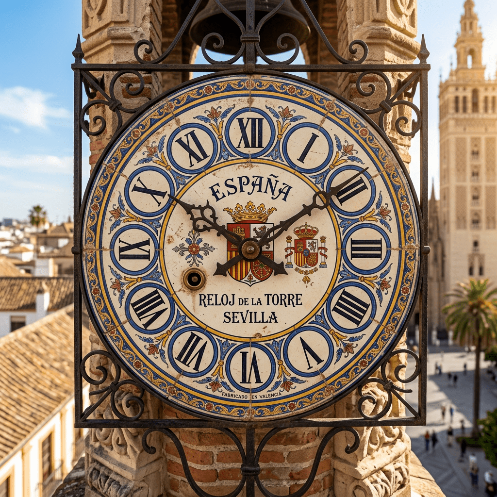 Ornate clock reading “ESPAÑA,” “RELOJ DE LA TORRE SEVILLA,” and “FABRICADO EN VALENCIA.”