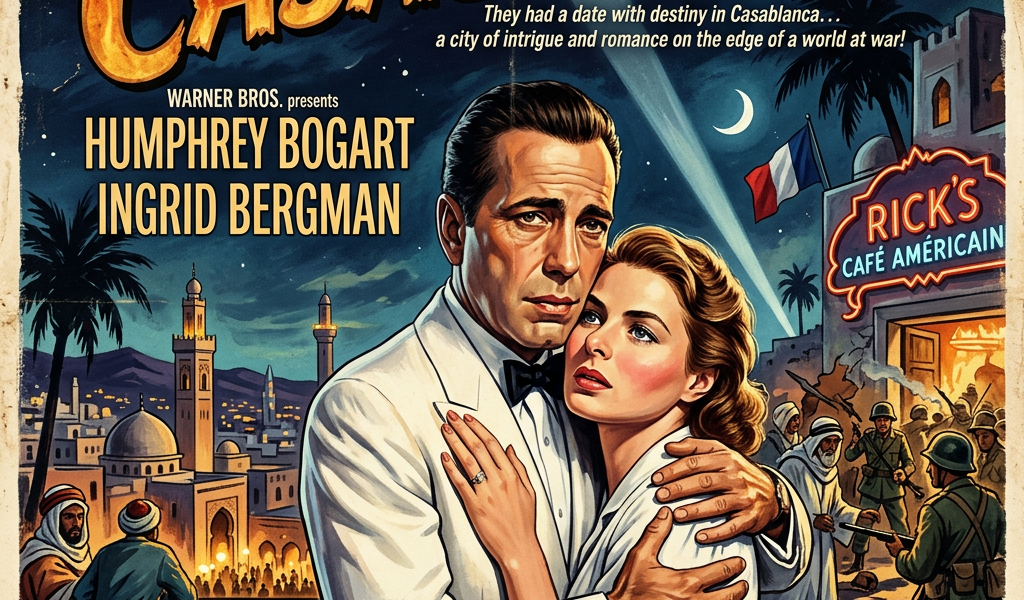 Casablanca poster featuring Humphrey Bogart and Ingrid Bergman embracing
