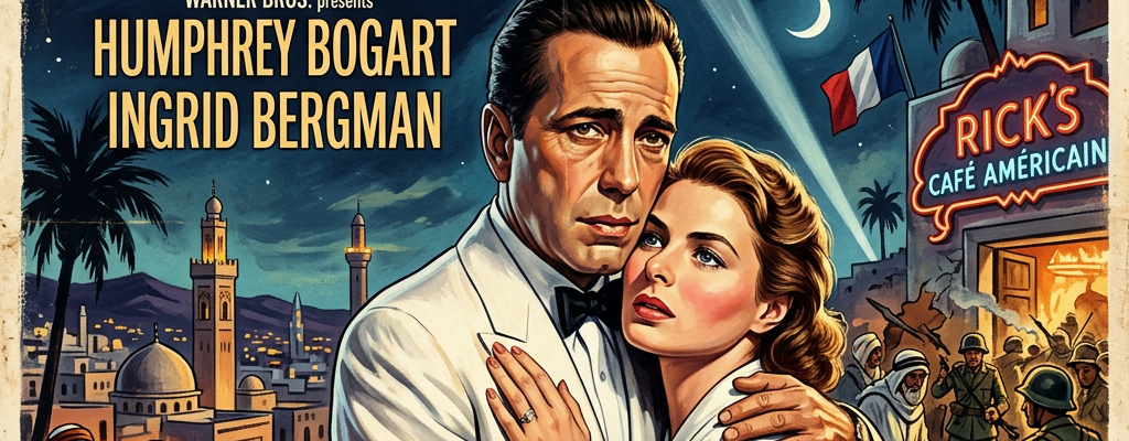 Casablanca poster featuring Humphrey Bogart and Ingrid Bergman embracing