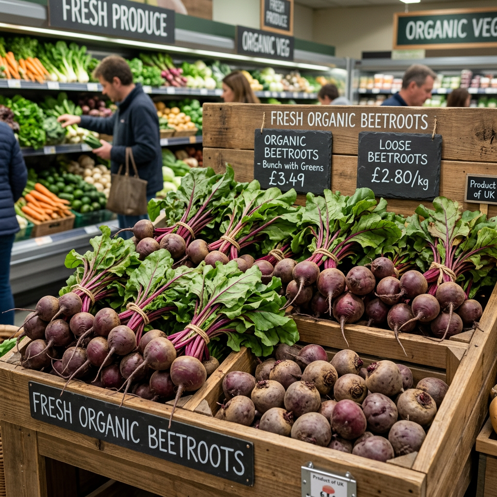 Fresh organic beetroots displayed in wooden crates with price signs