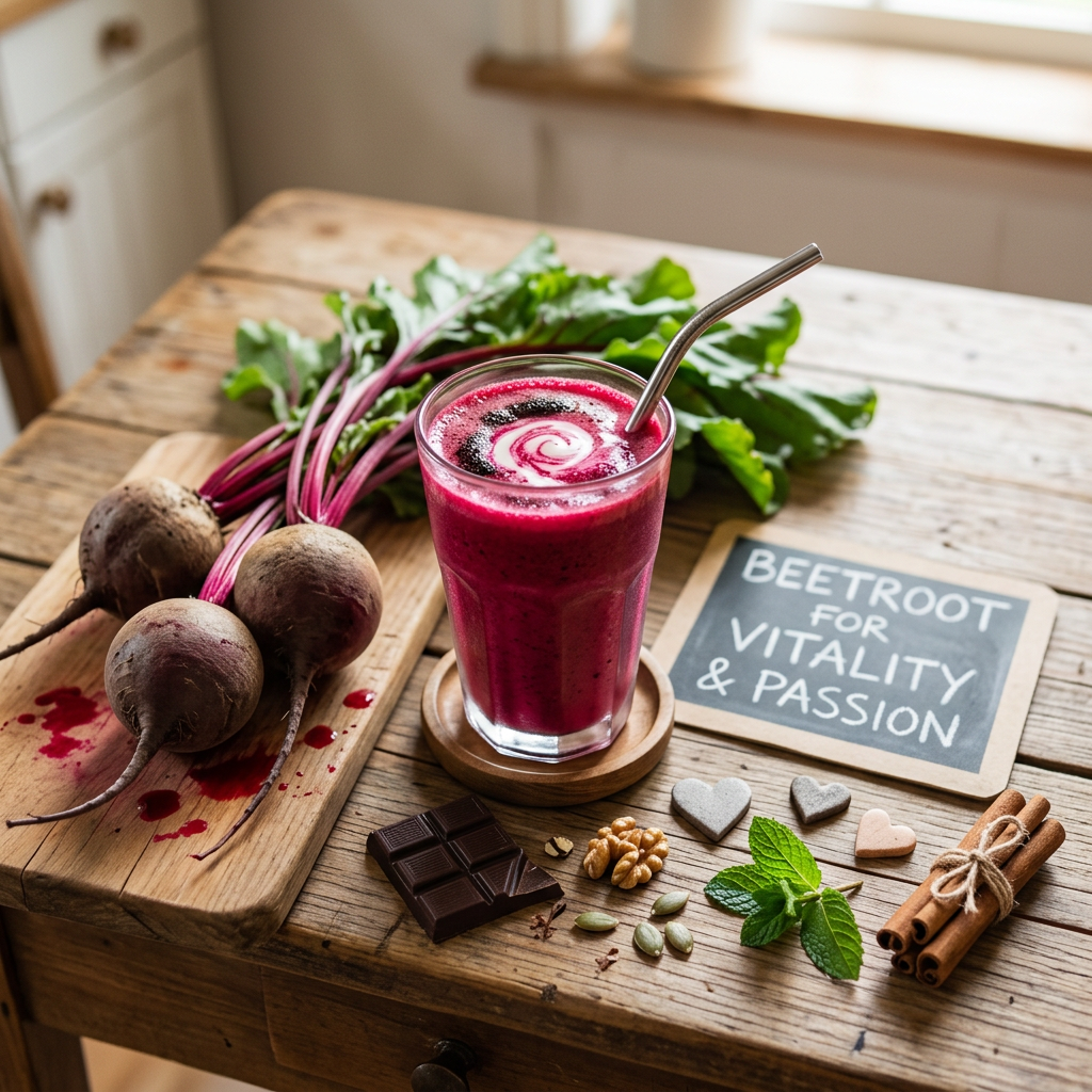 Beetroot smoothie with fresh beets, greens, chocolate, nuts, mint, and cinnamon